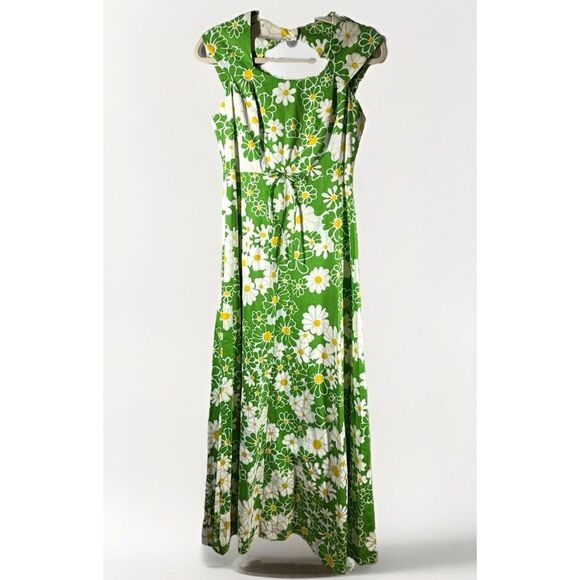 VTG 70s Patti Jr Floral Yellow Green Hawaii Maxi Dress Sz 9 Keyhole‎ Back EUC - Picture 1 of 10